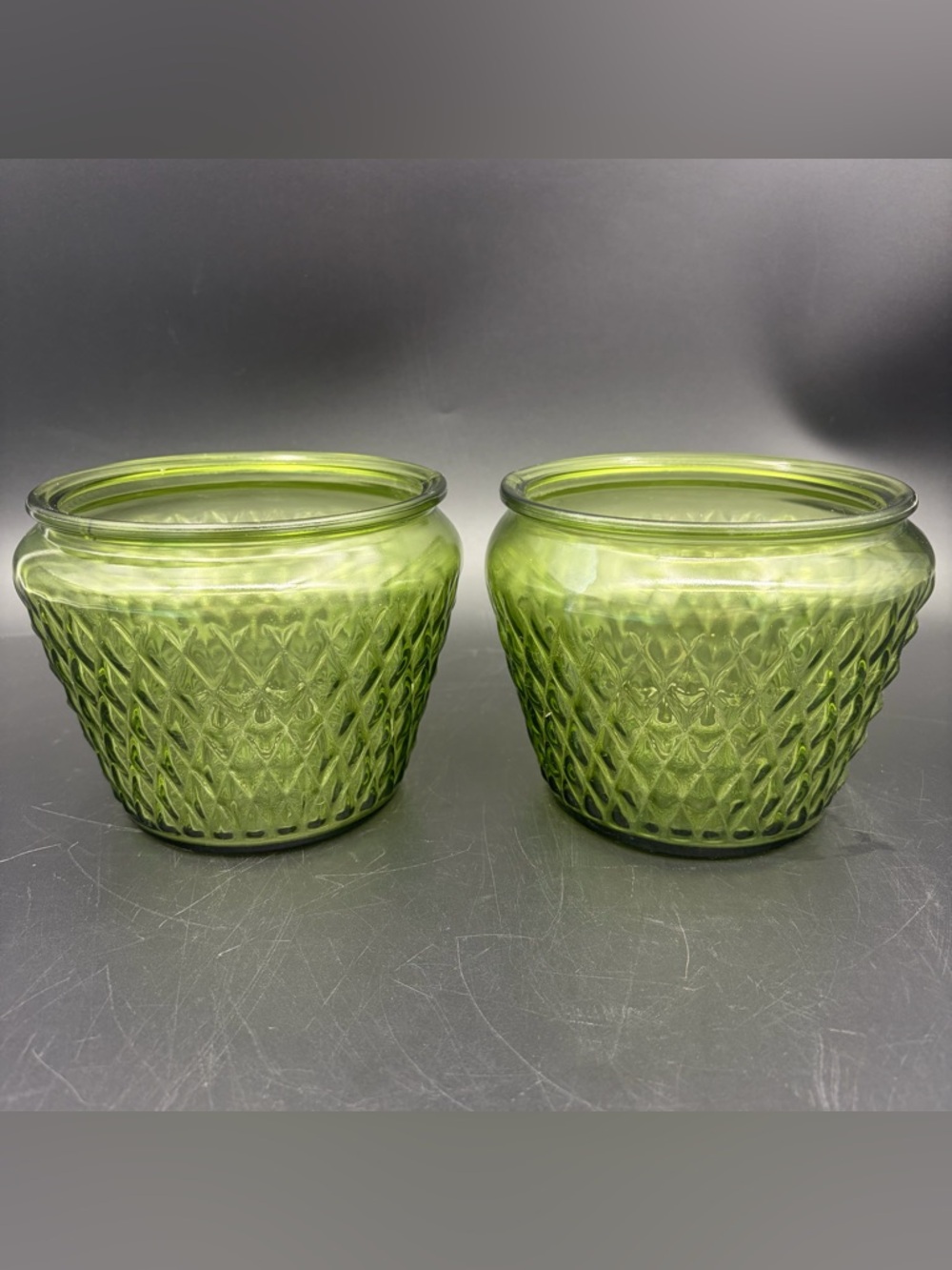 Vintage Glass Planter Bowl Avocado Green Asian Diamond Point Round Lot of 2